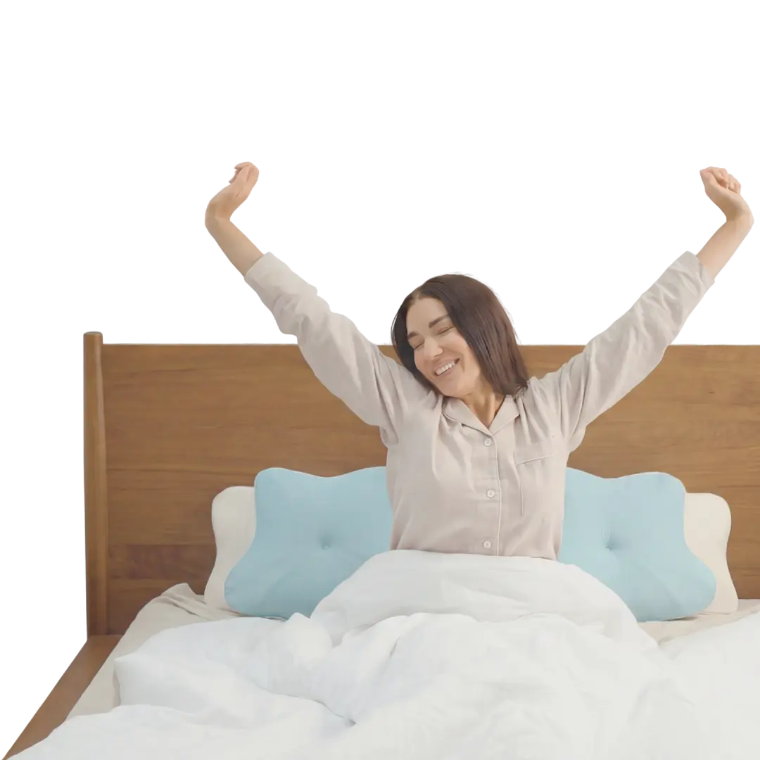Lady stretching in the morning after a good night's rest with Sleepsake pillows